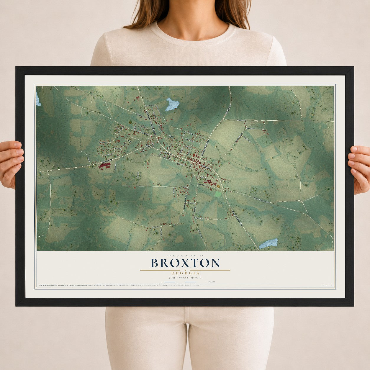 Broxton, Georgia map print, 18" x 24" W/ Black Ayous Wood Frame mockup