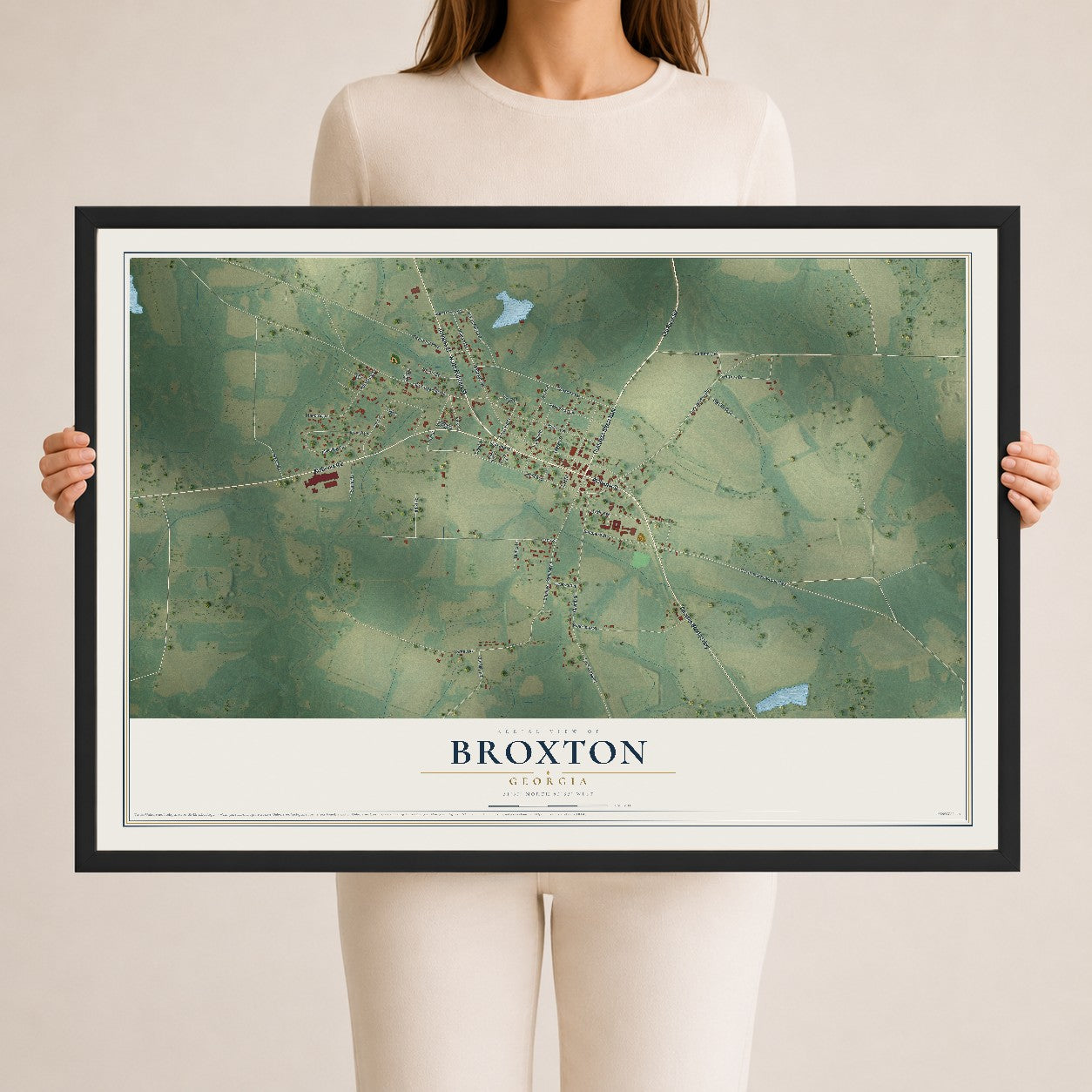 Broxton, Georgia map print, 24" x 36" W/ Black Ayous Wood Frame mockup