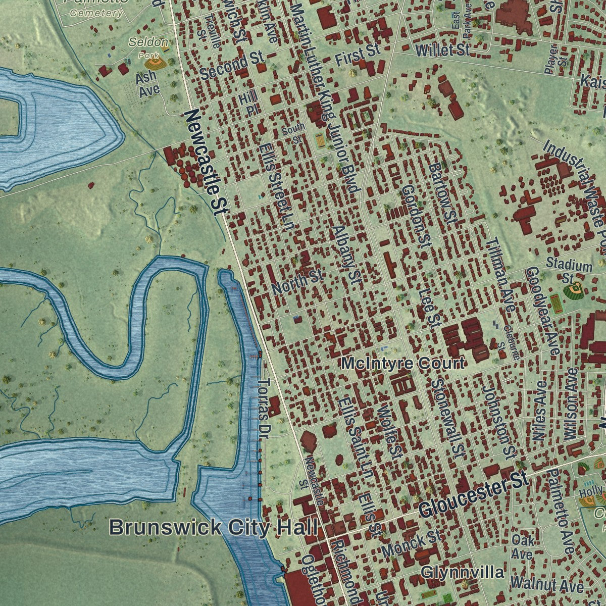 Close-up 1 of the Brunswick, Georgia map artwork