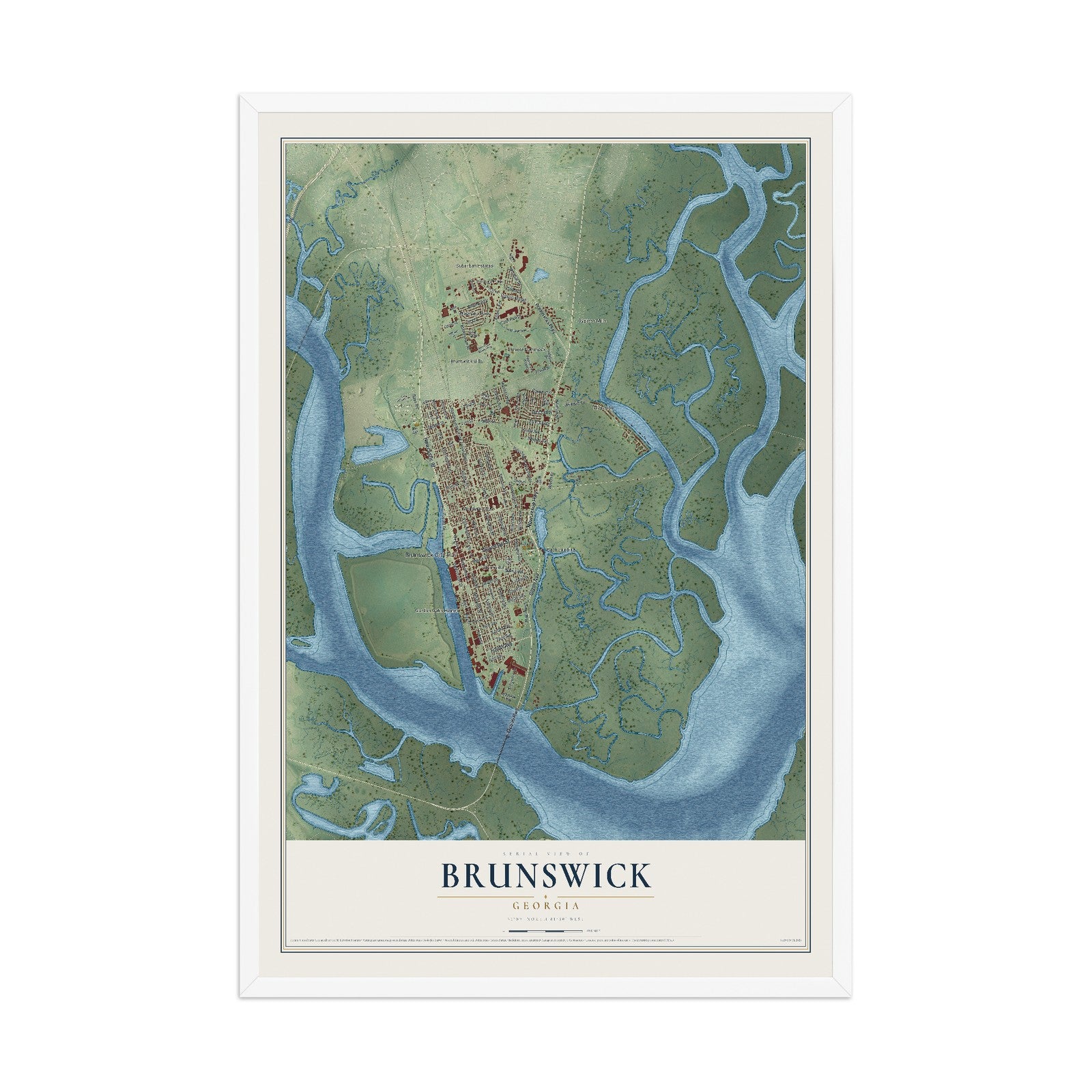 Brunswick, Georgia map print, 12" x 18" W/ White Ayous Wood Frame mockup