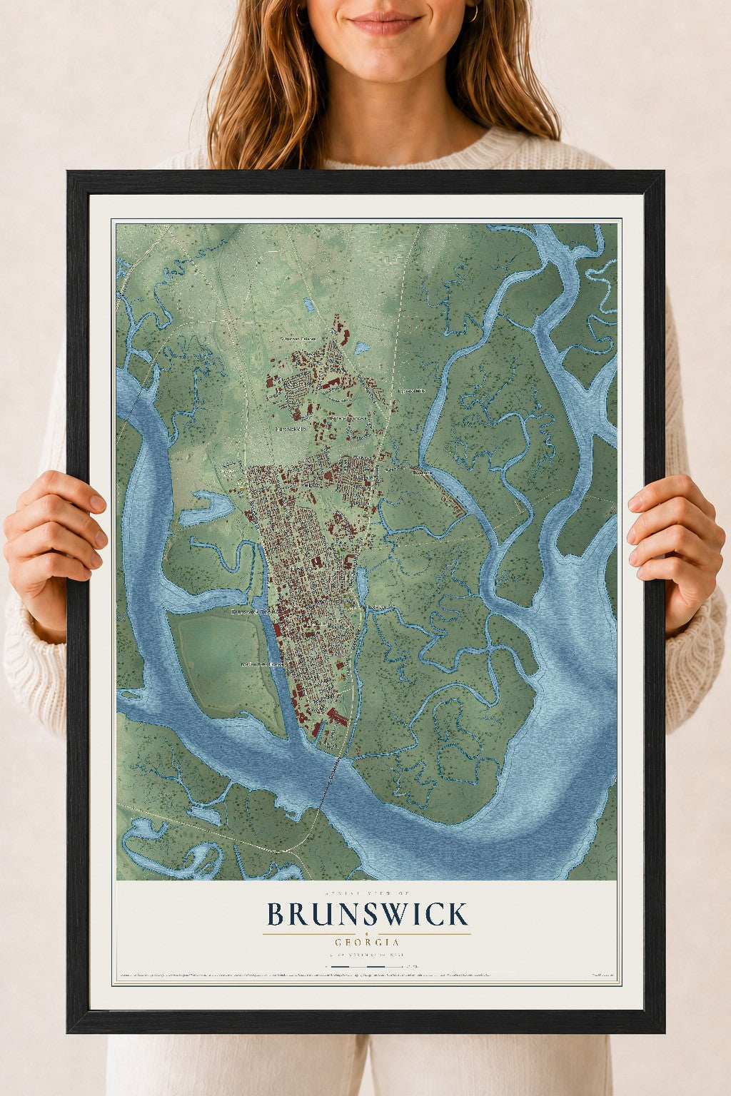 Brunswick, Georgia map print, 18" x 24" W/ Black Ayous Wood Frame mockup