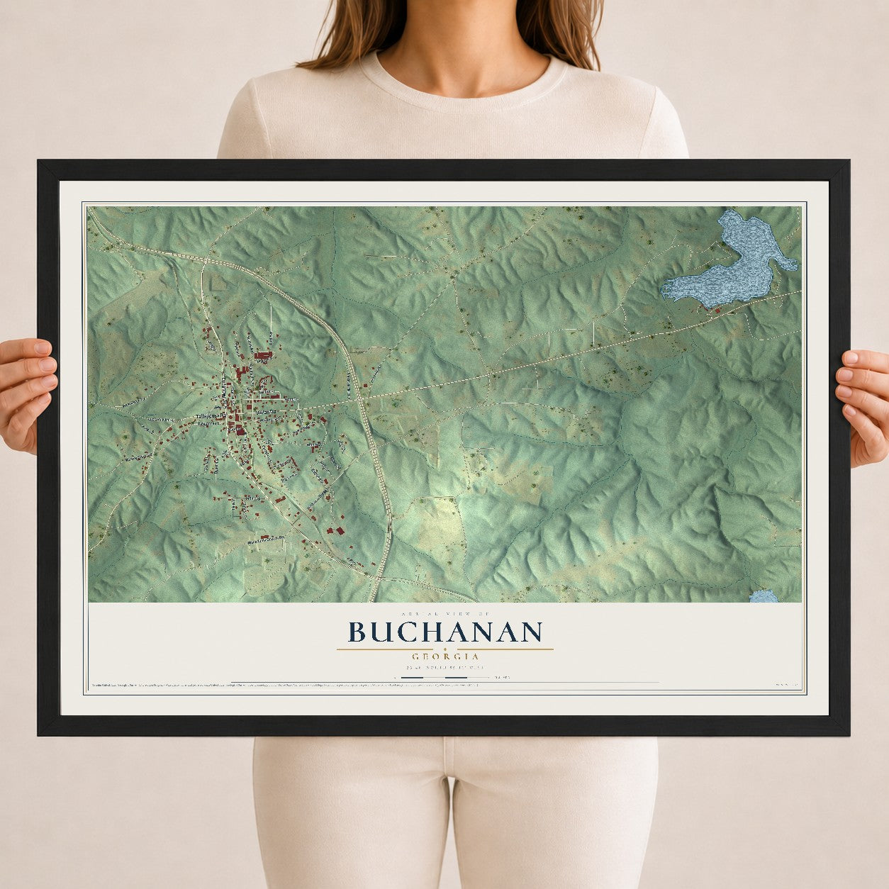 Buchanan, Georgia map print, 18" x 24" W/ Black Ayous Wood Frame mockup