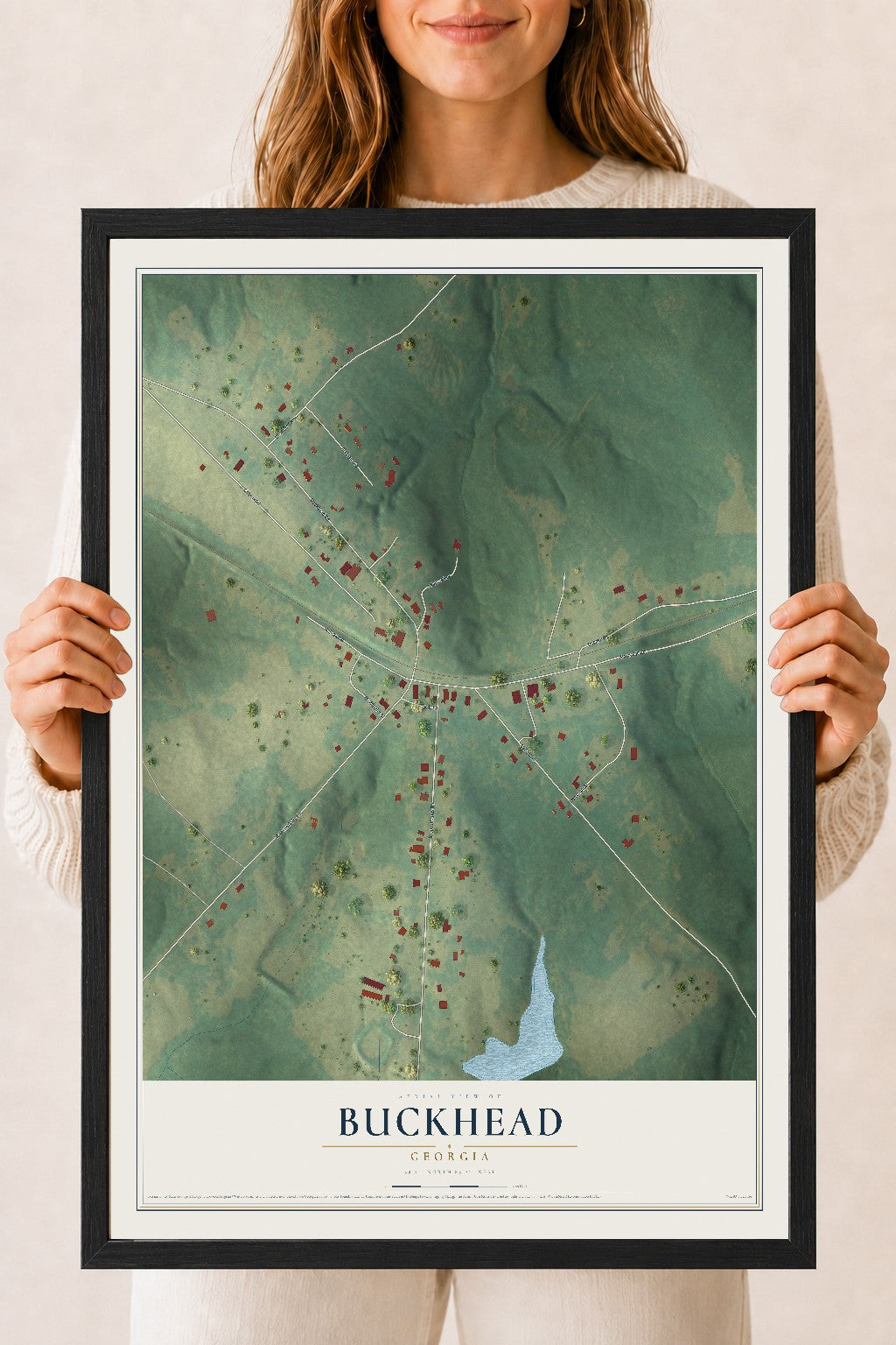 Buckhead, Georgia map print, 18" x 24" W/ Black Ayous Wood Frame mockup