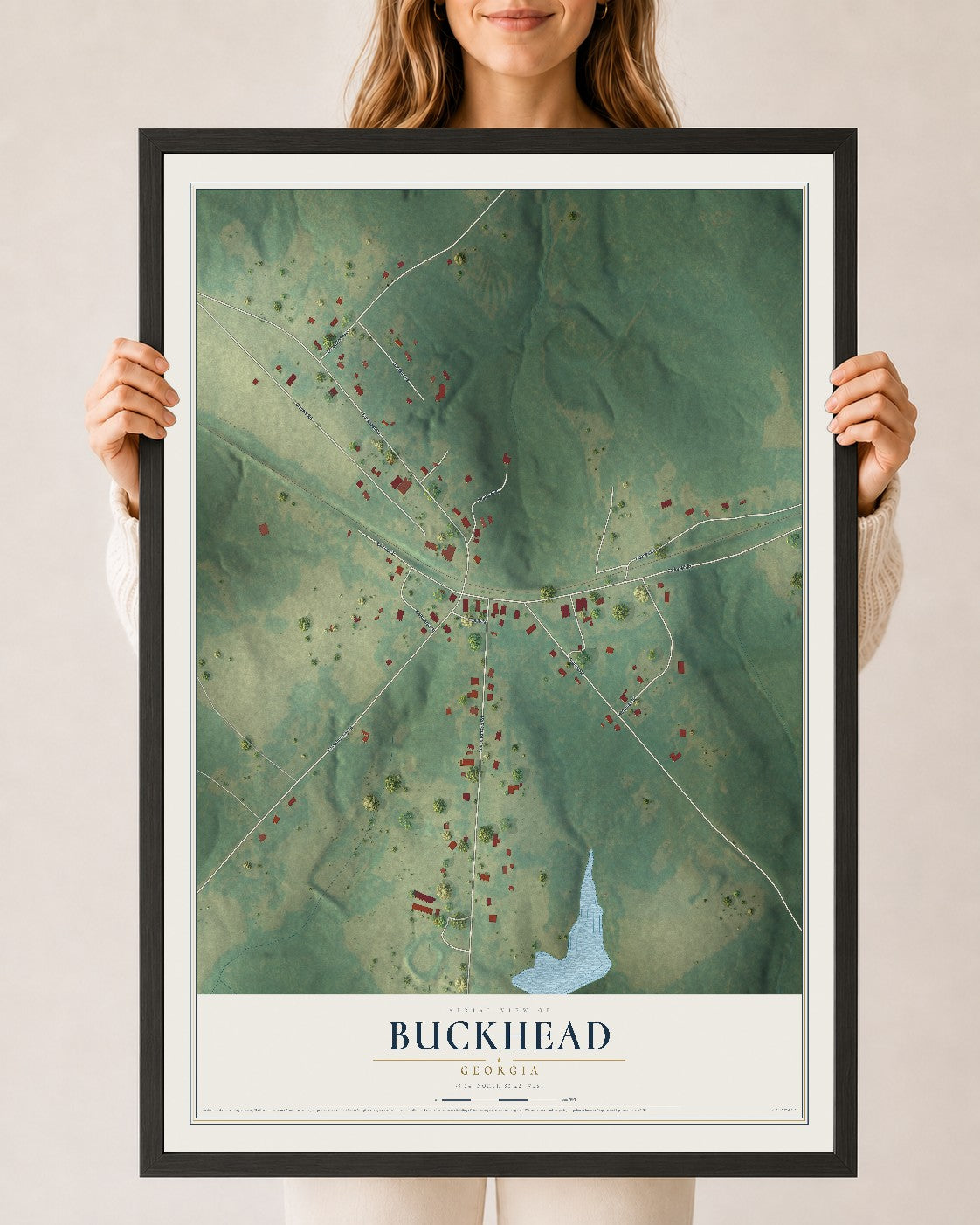 Buckhead, Georgia map print, 24" x 36" W/ Black Ayous Wood Frame mockup