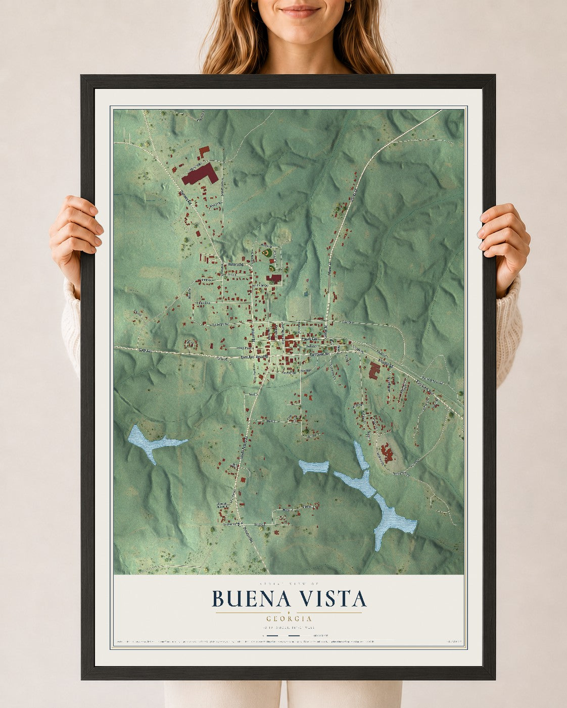 Buena Vista, Georgia map print, 24" x 36" W/ Black Ayous Wood Frame mockup