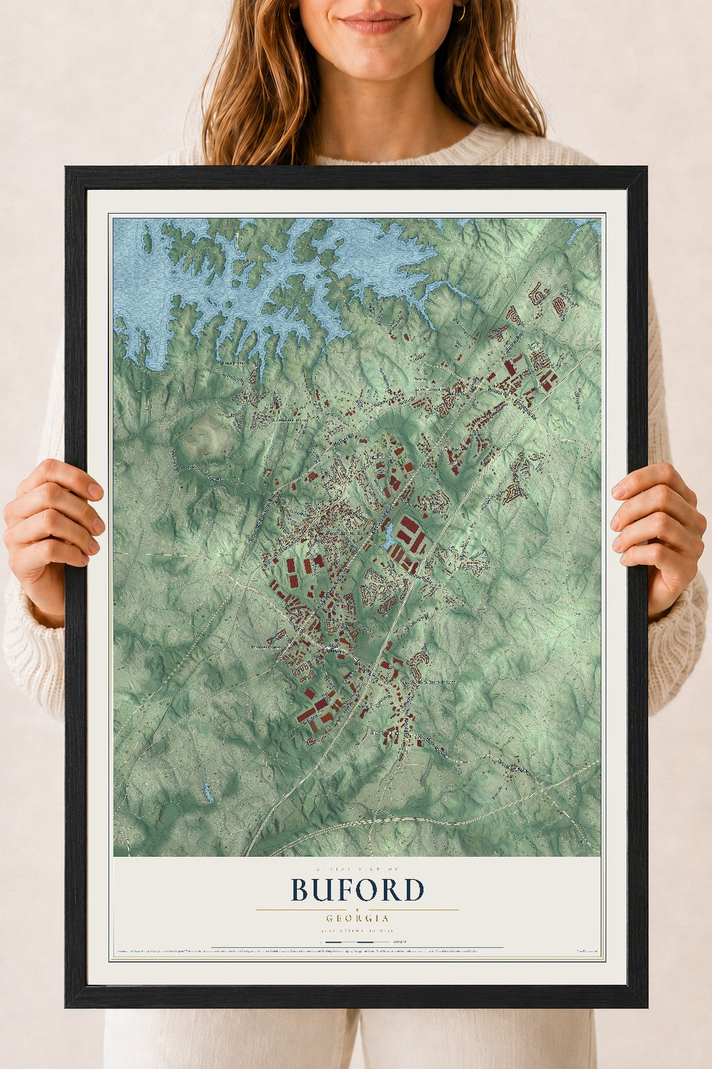 Buford, Georgia map print, 18" x 24" W/ Black Ayous Wood Frame mockup