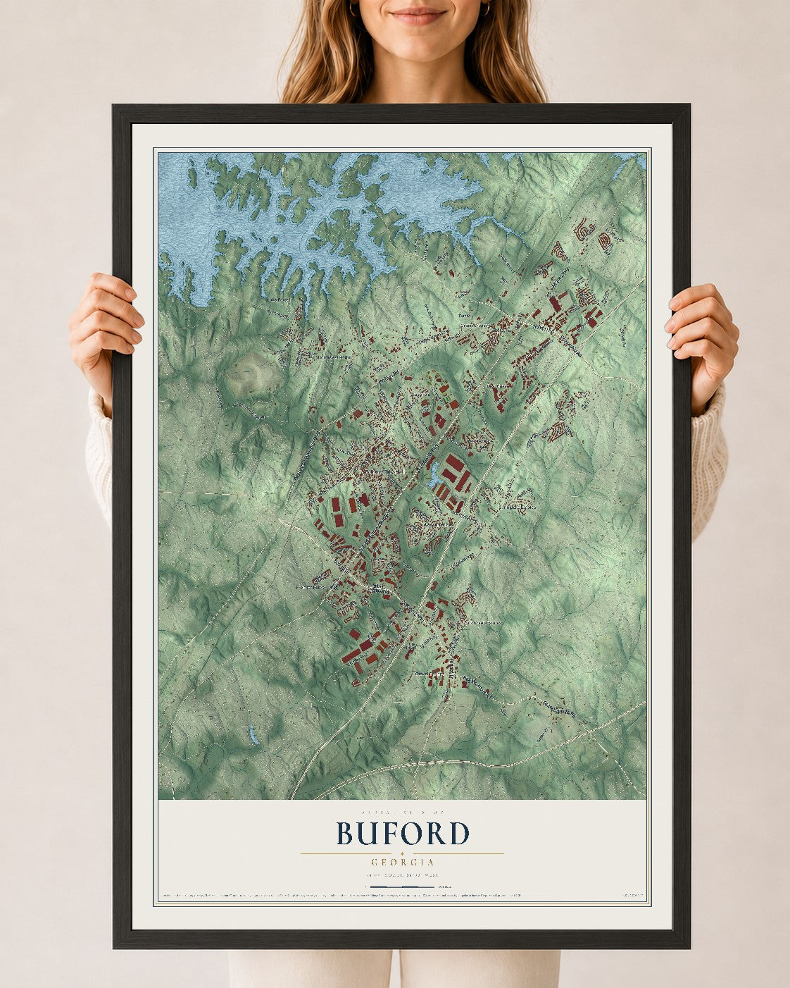 Buford, Georgia map print, 24" x 36" W/ Black Ayous Wood Frame mockup