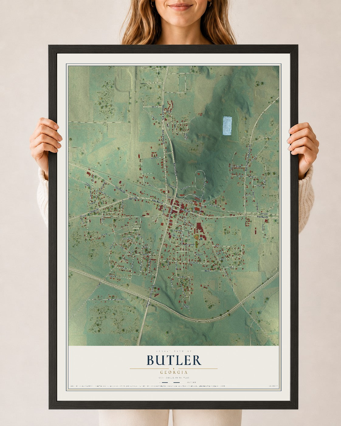 Butler, Georgia map print, 24" x 36" W/ Black Ayous Wood Frame mockup