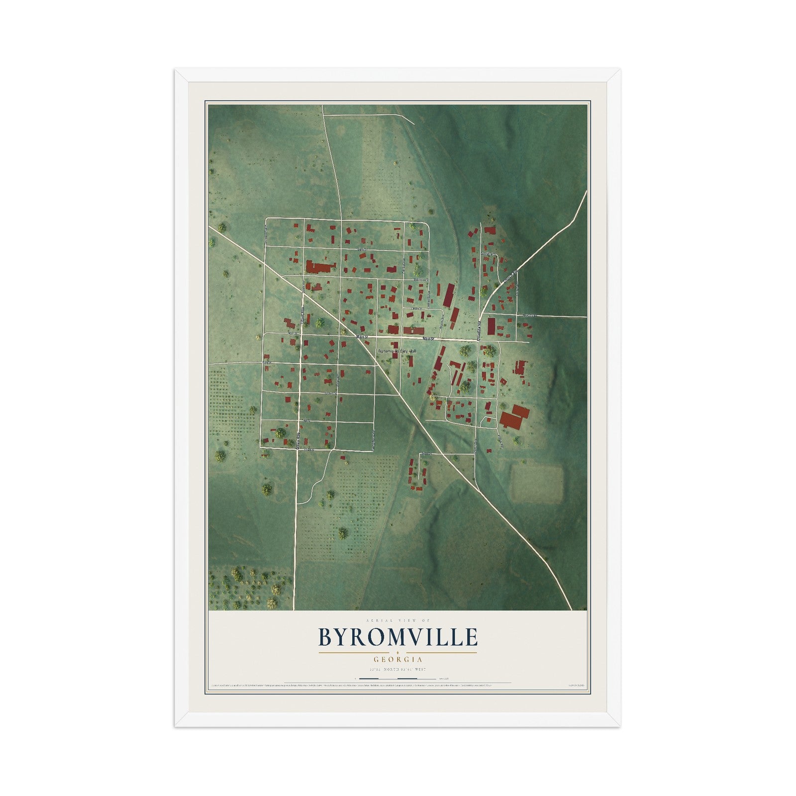 Byromville, Georgia map print, 12" x 18" W/ White Ayous Wood Frame mockup