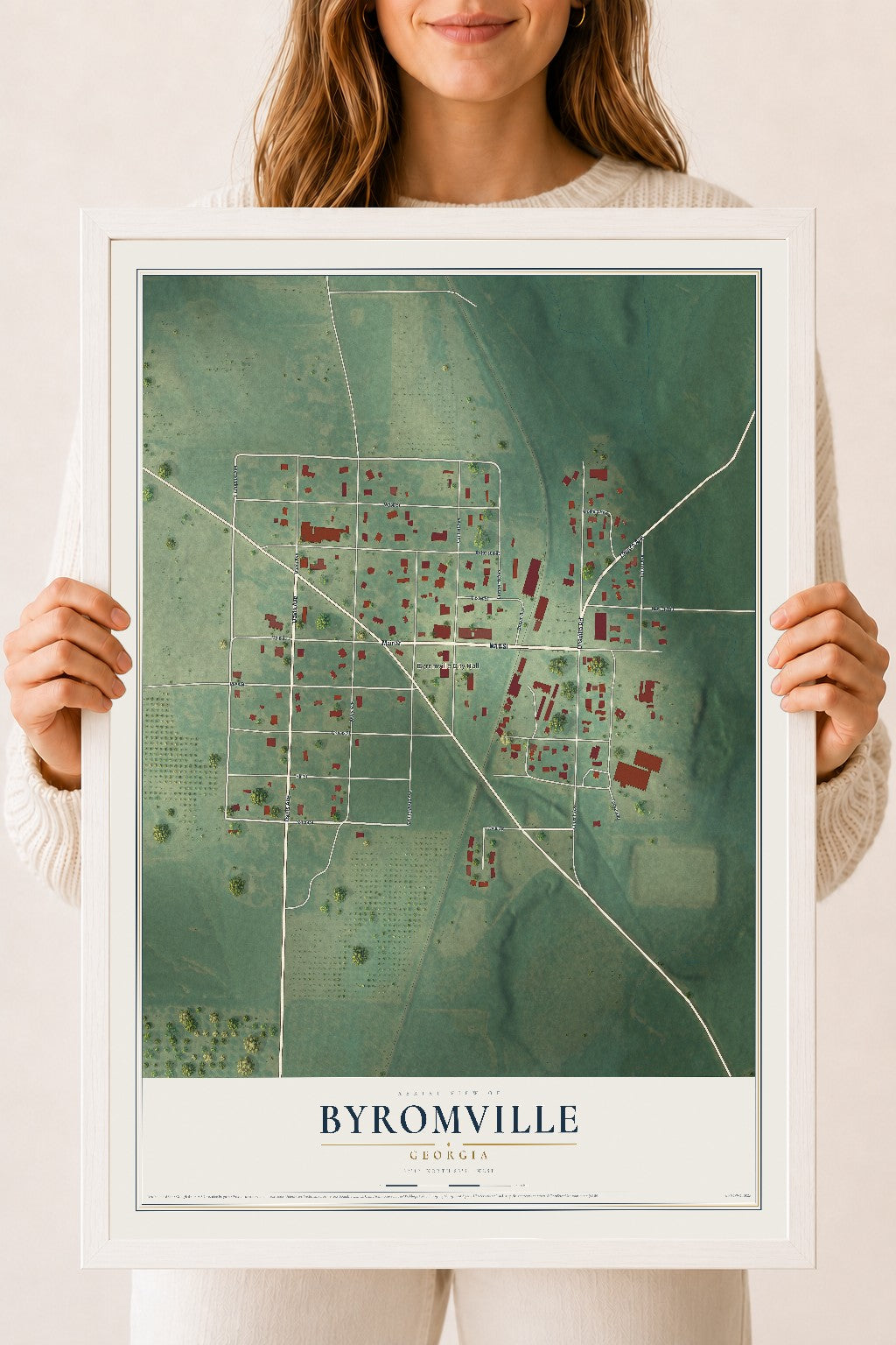 Byromville, Georgia map print, 18" x 24" W/ White Ayous Wood Frame mockup