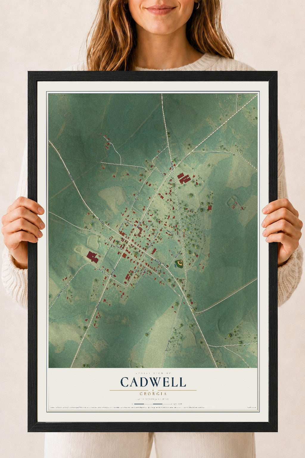 Cadwell, Georgia map print, 18" x 24" W/ Black Ayous Wood Frame mockup