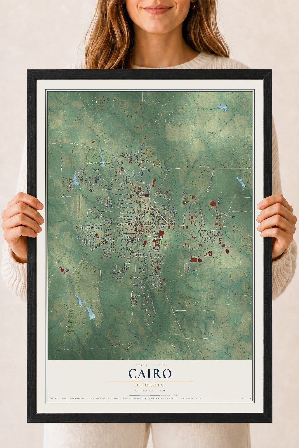 Cairo, Georgia map print, 18" x 24" W/ Black Ayous Wood Frame mockup