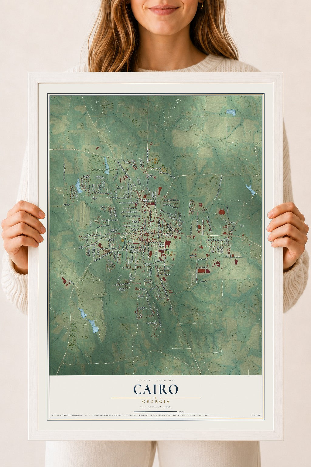 Cairo, Georgia map print, 18" x 24" W/ White Ayous Wood Frame mockup