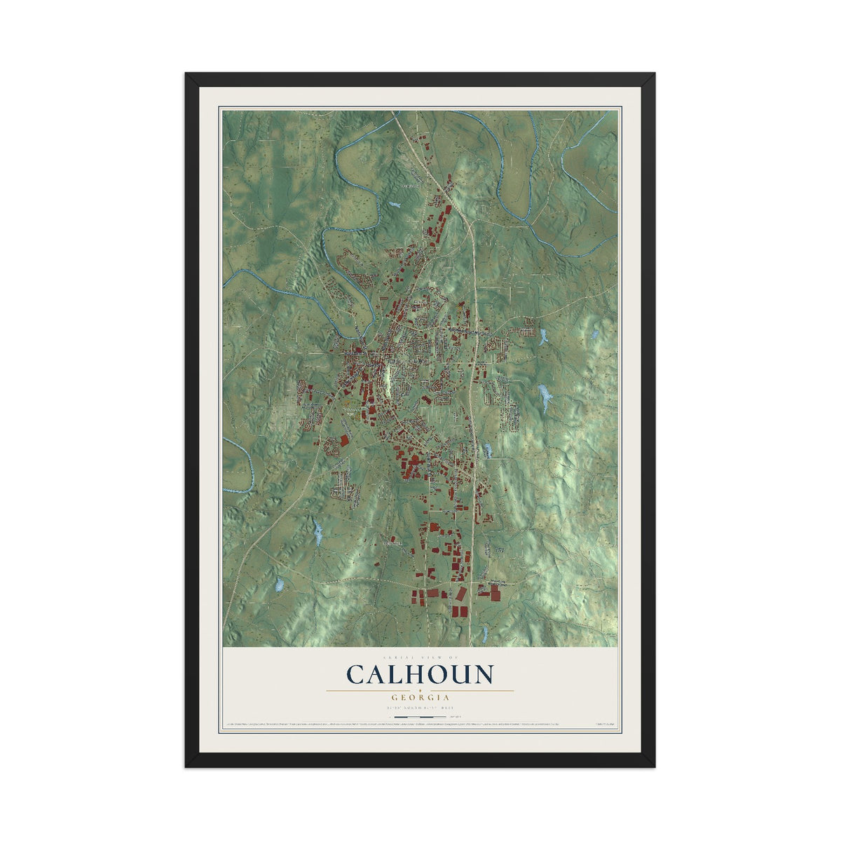 Calhoun, Georgia map print, 12" x 18" W/ Black Ayous Wood Frame mockup