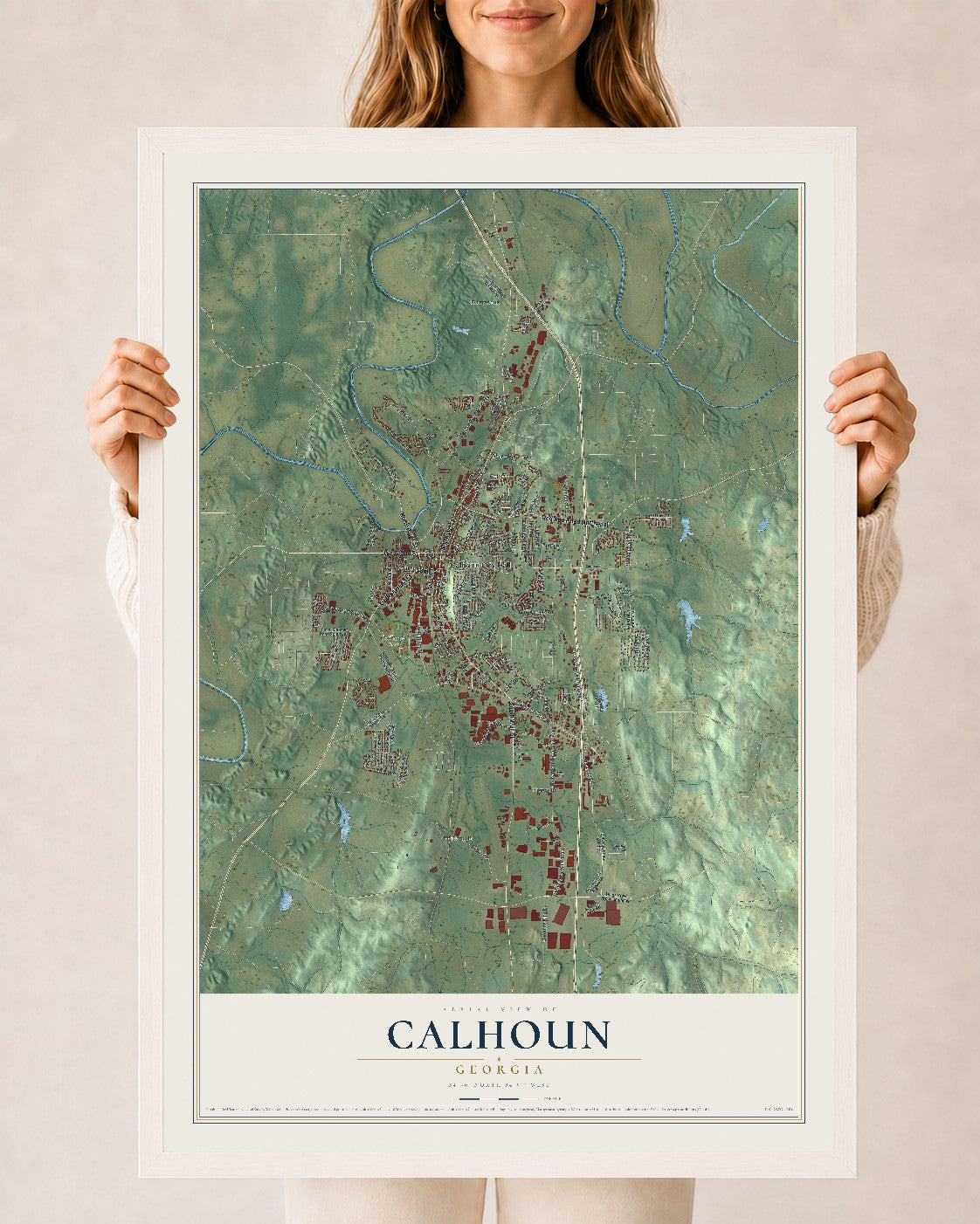Calhoun, Georgia map print, 24" x 36" W/ White Ayous Wood Frame mockup