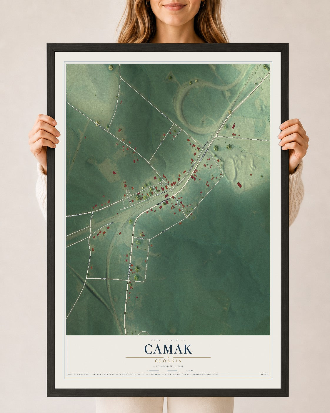 Camak, Georgia map print, 24" x 36" W/ Black Ayous Wood Frame mockup