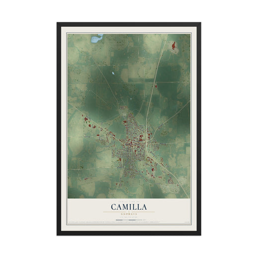 Map of Camilla, Georgia, 12 x 18 inch print in a black wood frame