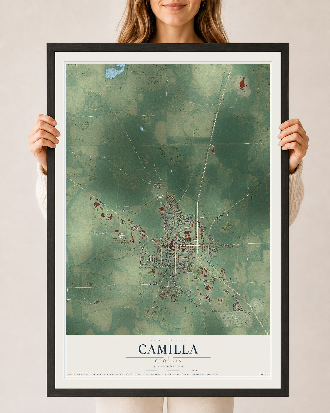 Camilla, Georgia map print, 24" x 36" W/ Black Ayous Wood Frame mockup