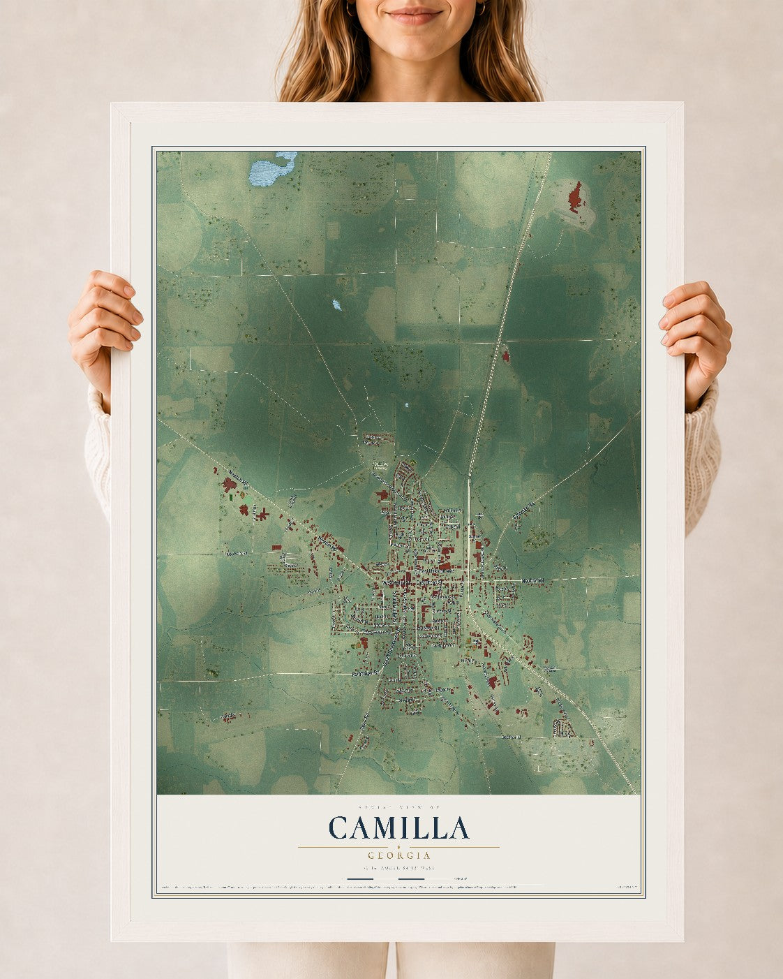 Camilla, Georgia map print, 24" x 36" W/ White Ayous Wood Frame mockup