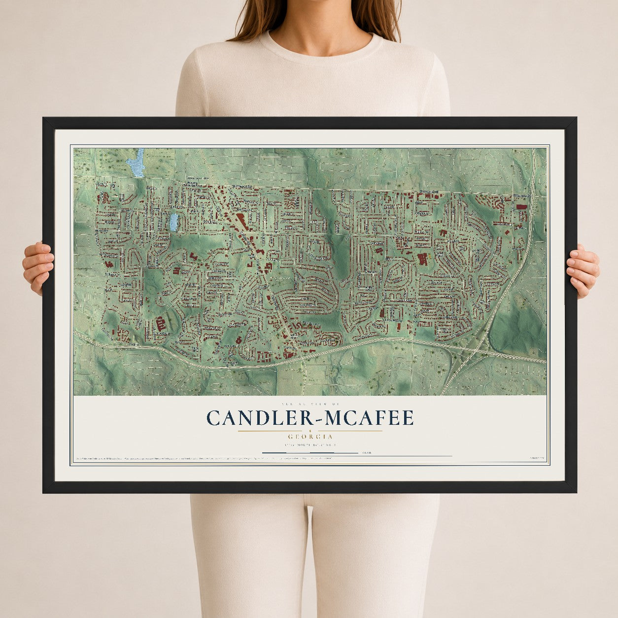 Candler-McAfee, Georgia map print, 24" x 36" W/ Black Ayous Wood Frame mockup