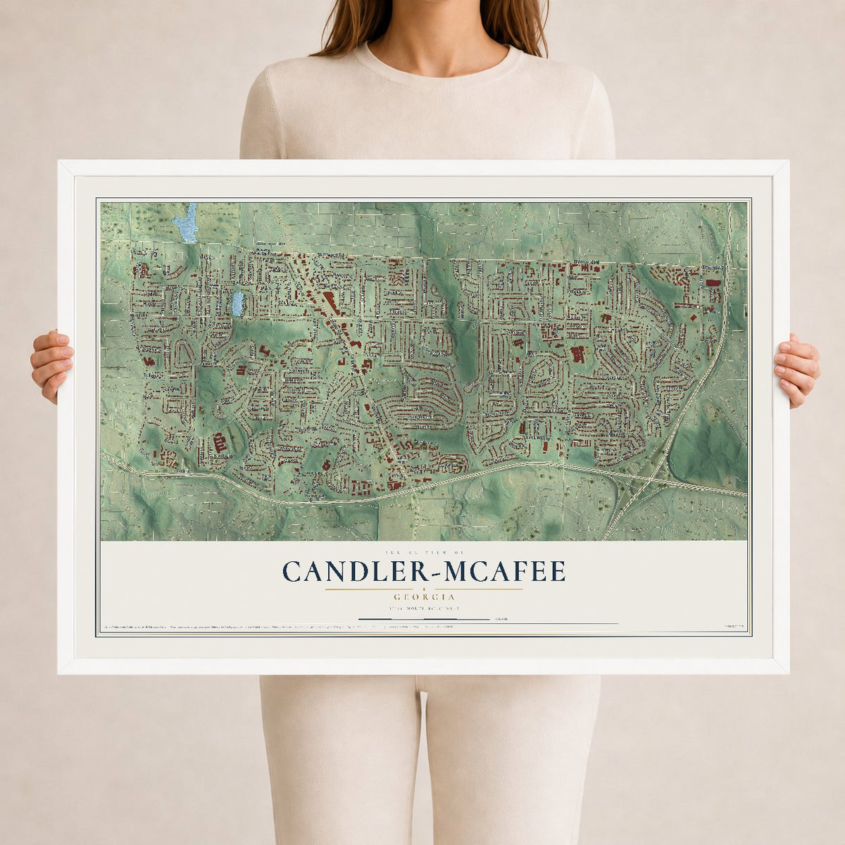 Candler-McAfee, Georgia map print, 24" x 36" W/ White Ayous Wood Frame mockup