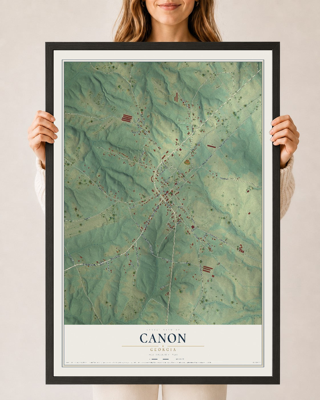 Canon, Georgia map print, 24" x 36" W/ Black Ayous Wood Frame mockup