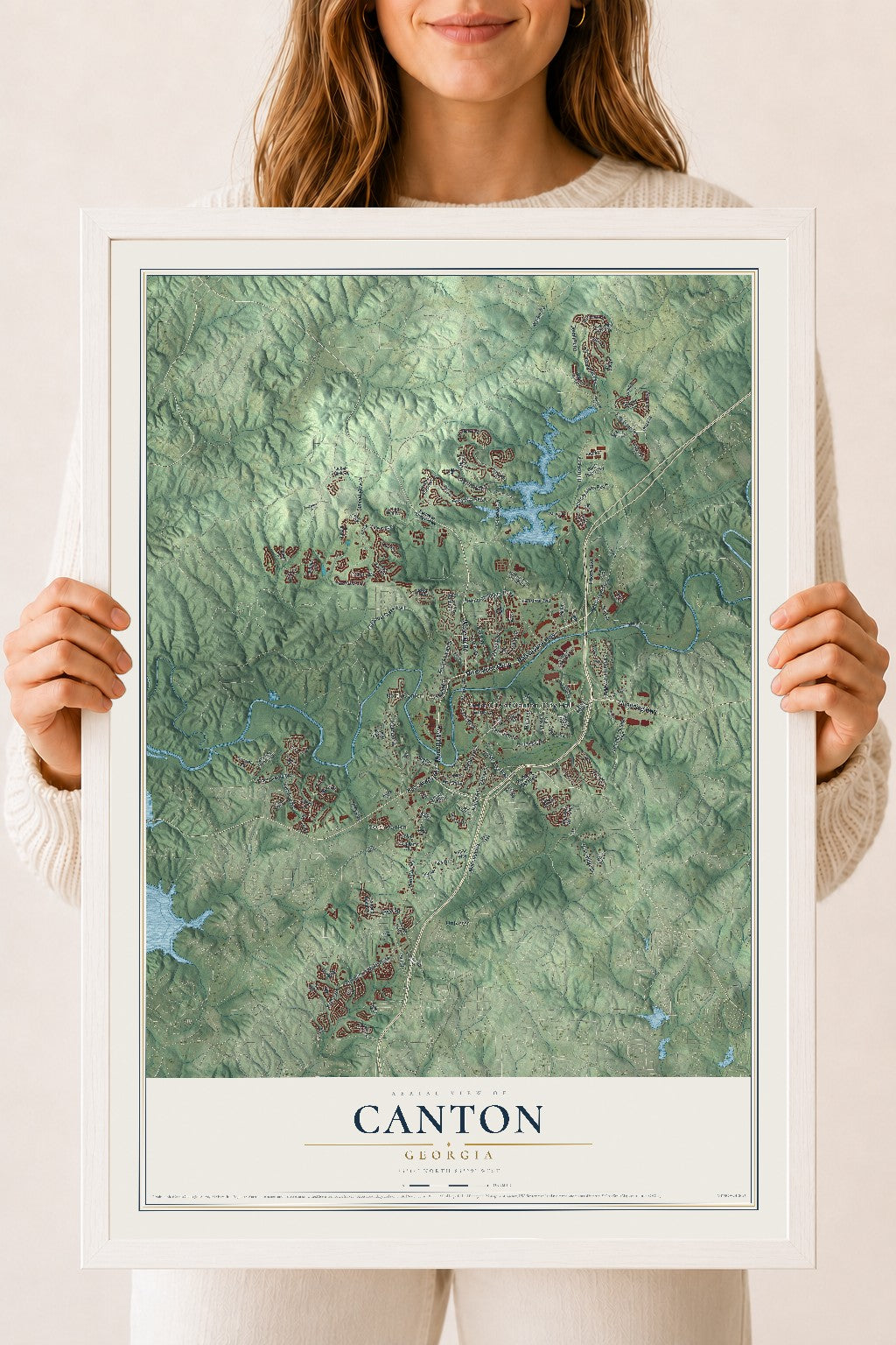 Canton, Georgia map print, 18" x 24" W/ White Ayous Wood Frame mockup