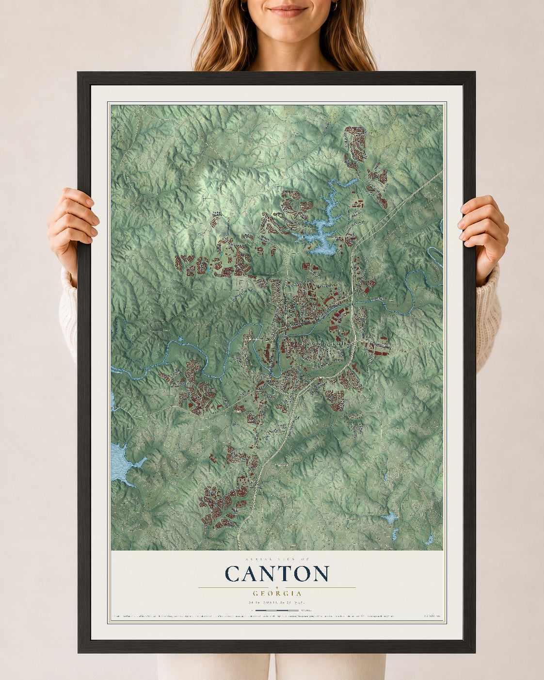 Canton, Georgia map print, 24" x 36" W/ Black Ayous Wood Frame mockup