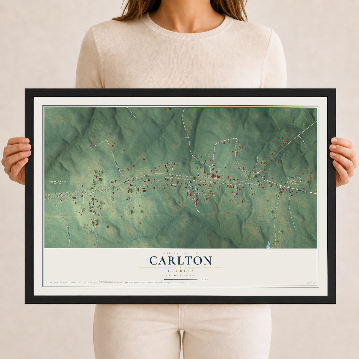 Carlton, Georgia map print, 12" x 18" W/ Black Ayous Wood Frame mockup