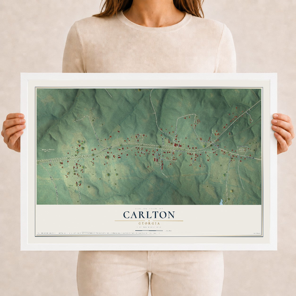 Carlton, Georgia map print, 12" x 18" W/ White Ayous Wood Frame mockup