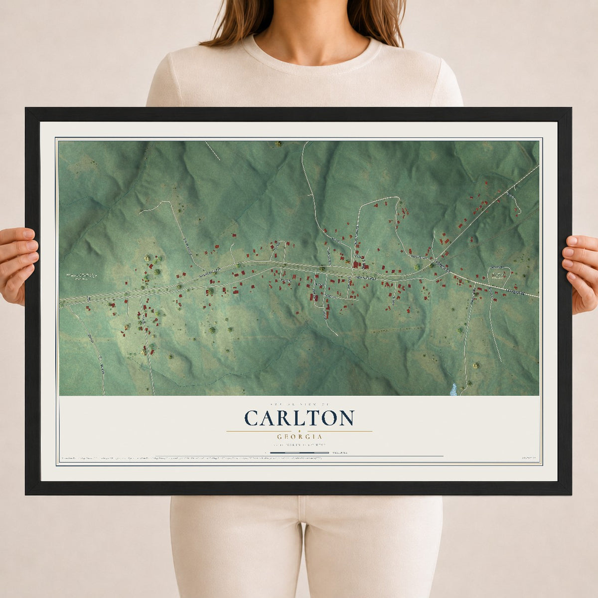 Carlton, Georgia map print, 18" x 24" W/ Black Ayous Wood Frame mockup