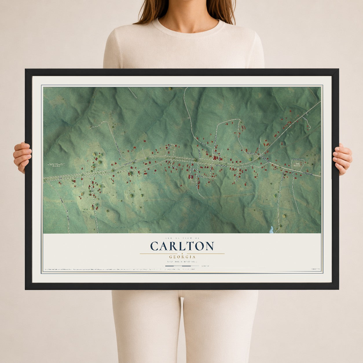 Carlton, Georgia map print, 24" x 36" W/ Black Ayous Wood Frame mockup