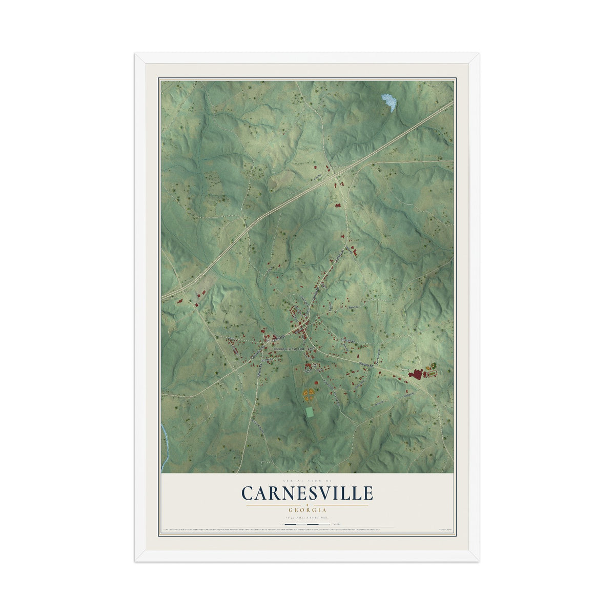 Carnesville, Georgia map print, 12" x 18" W/ White Ayous Wood Frame mockup