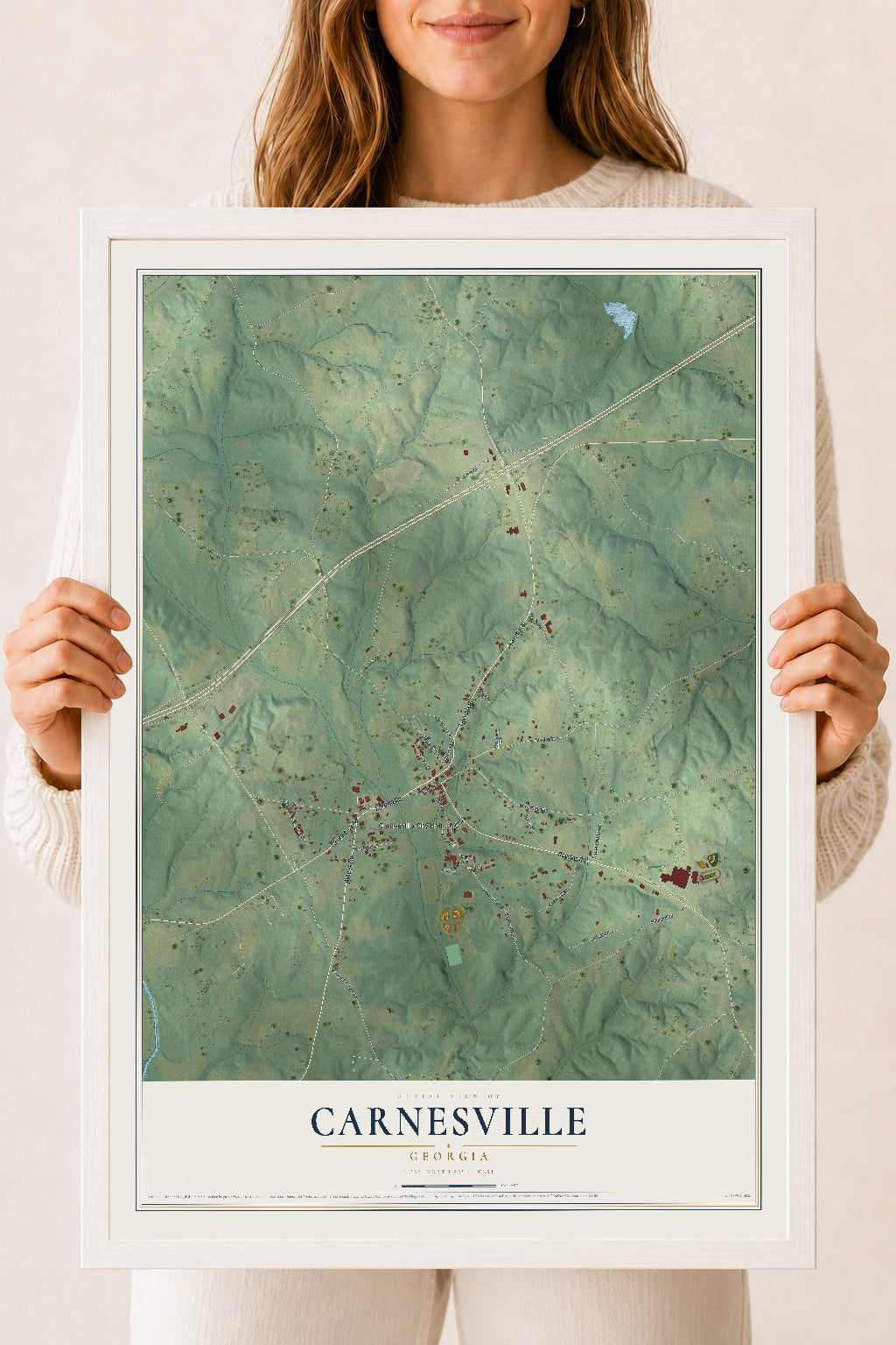 Carnesville, Georgia map print, 18" x 24" W/ White Ayous Wood Frame mockup