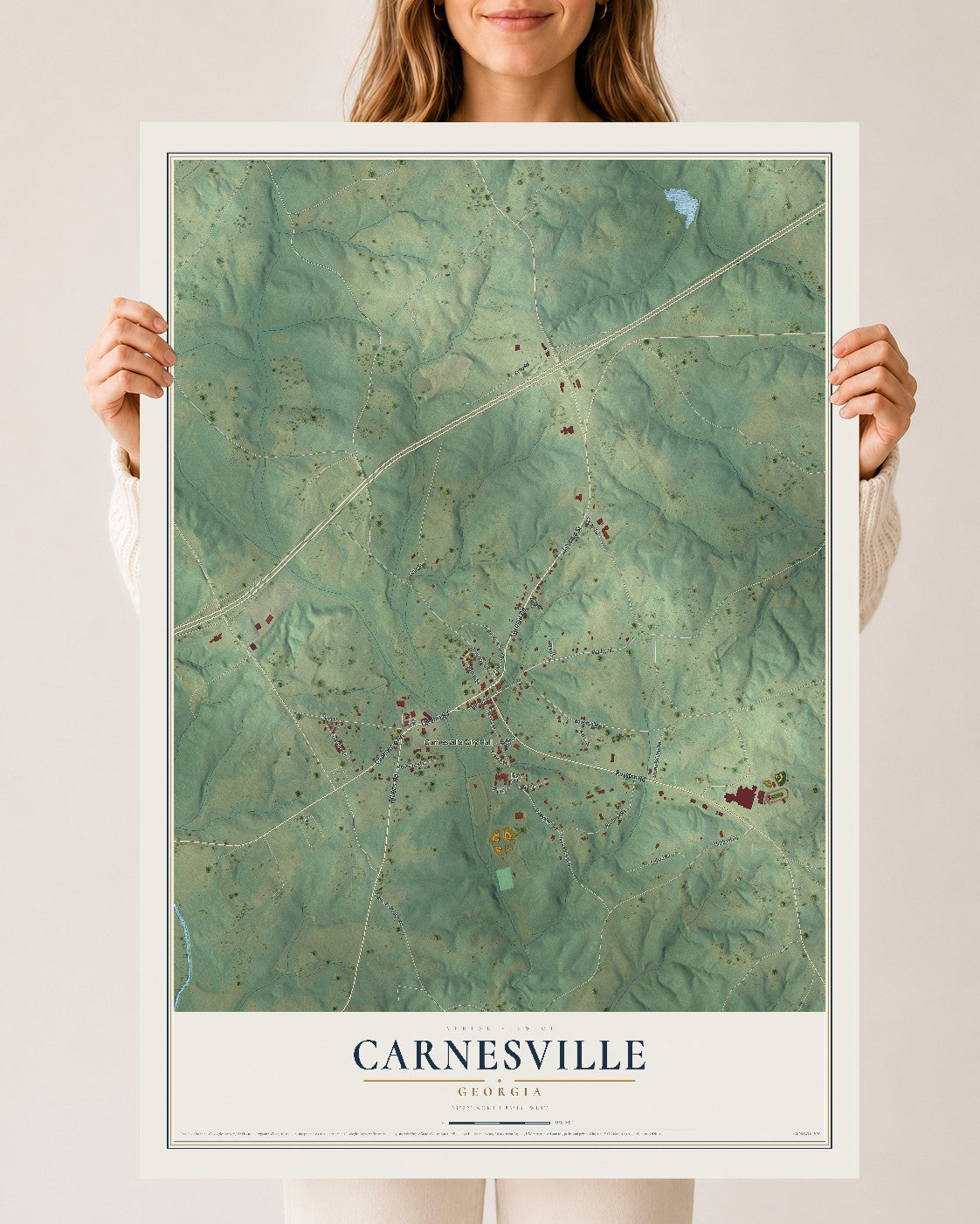 Carnesville, Georgia map print, 24" x 36" Archival Matte Print mockup