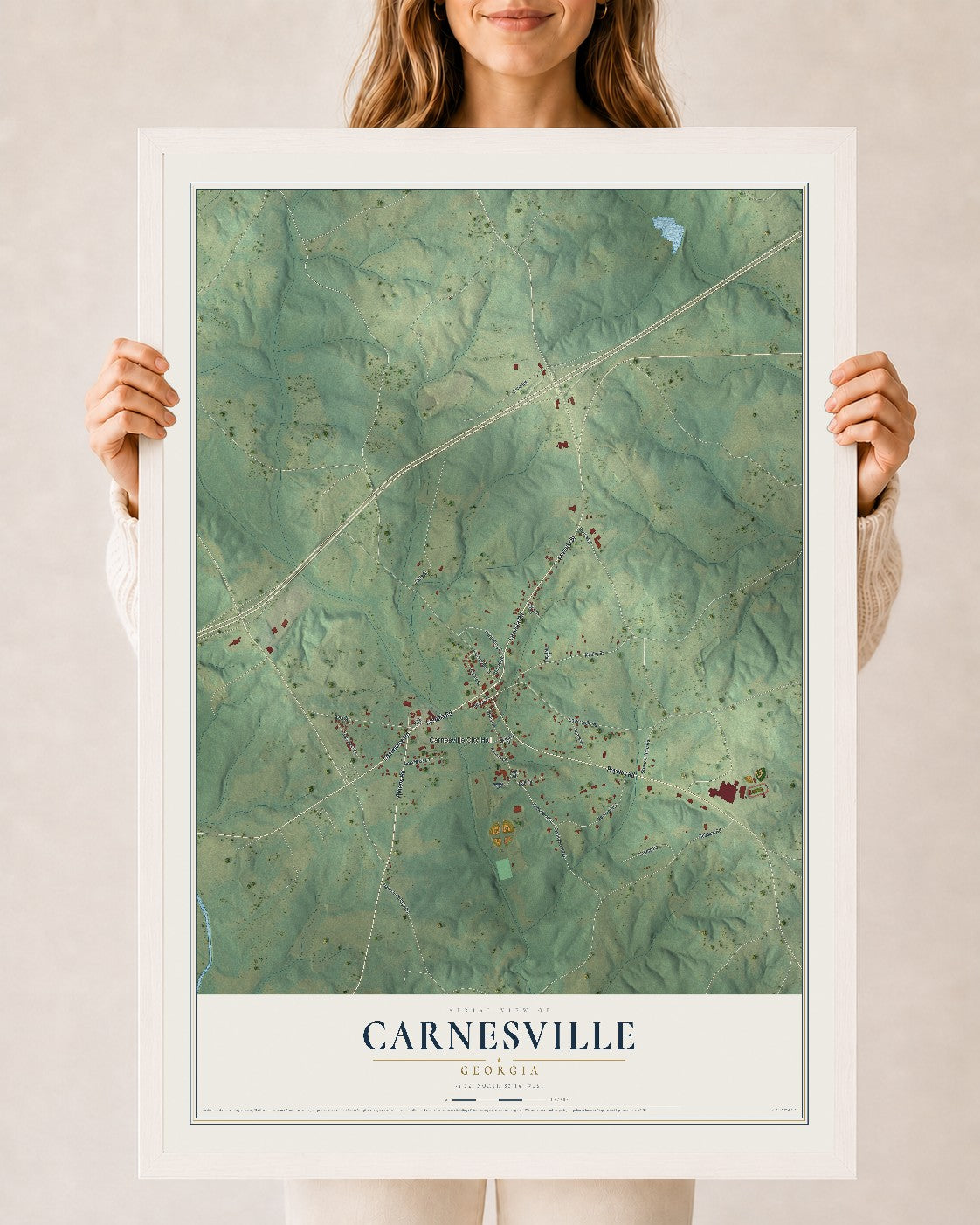 Carnesville, Georgia map print, 24" x 36" W/ White Ayous Wood Frame mockup