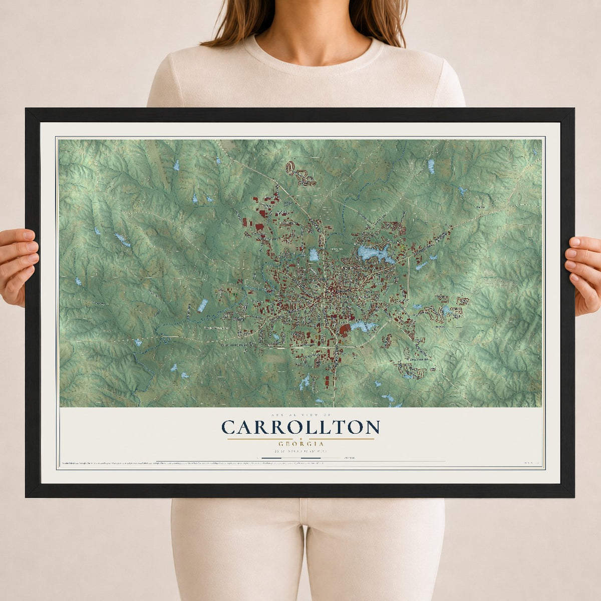 Carrollton, Georgia map print, 18" x 24" W/ Black Ayous Wood Frame mockup