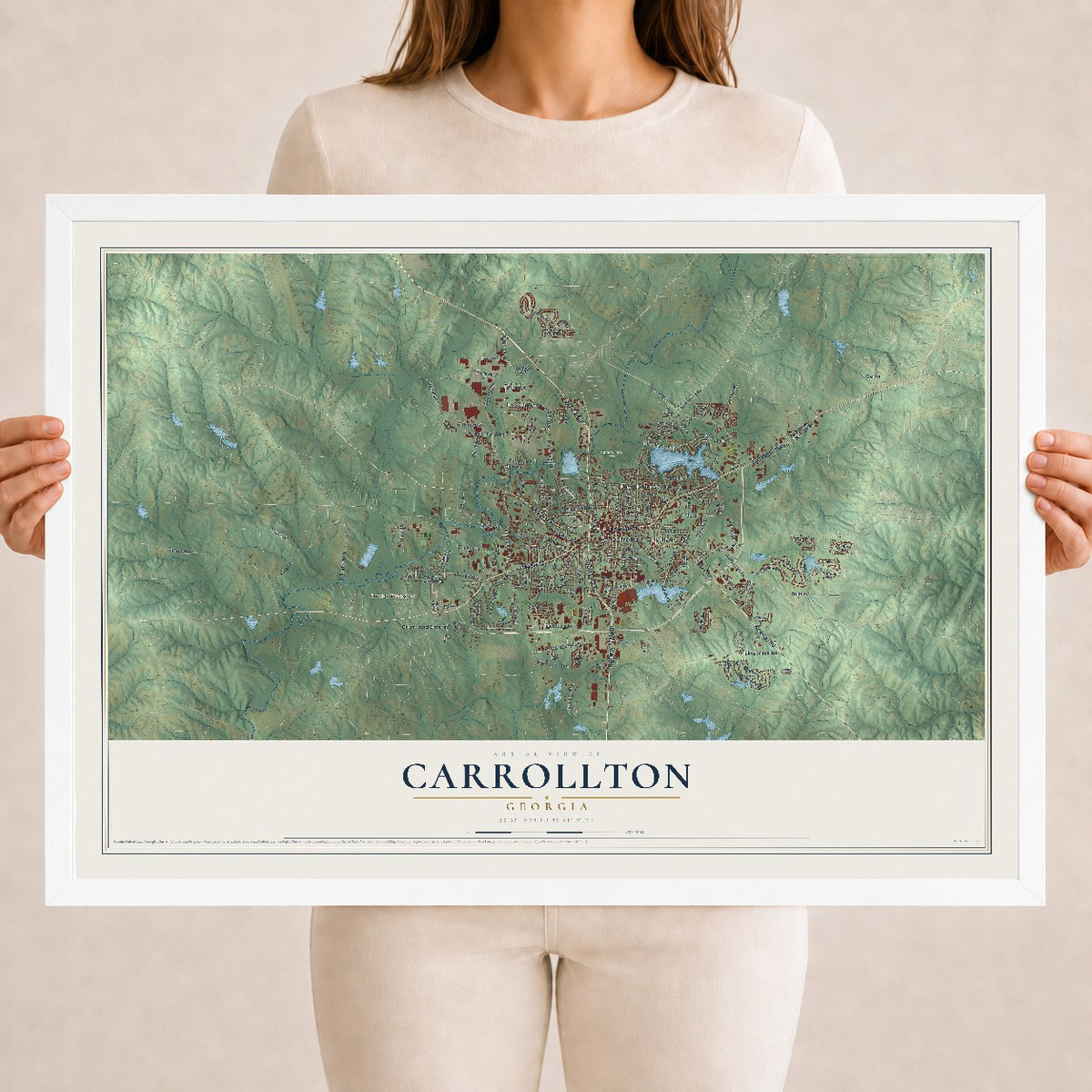 Carrollton, Georgia map print, 18" x 24" W/ White Ayous Wood Frame mockup