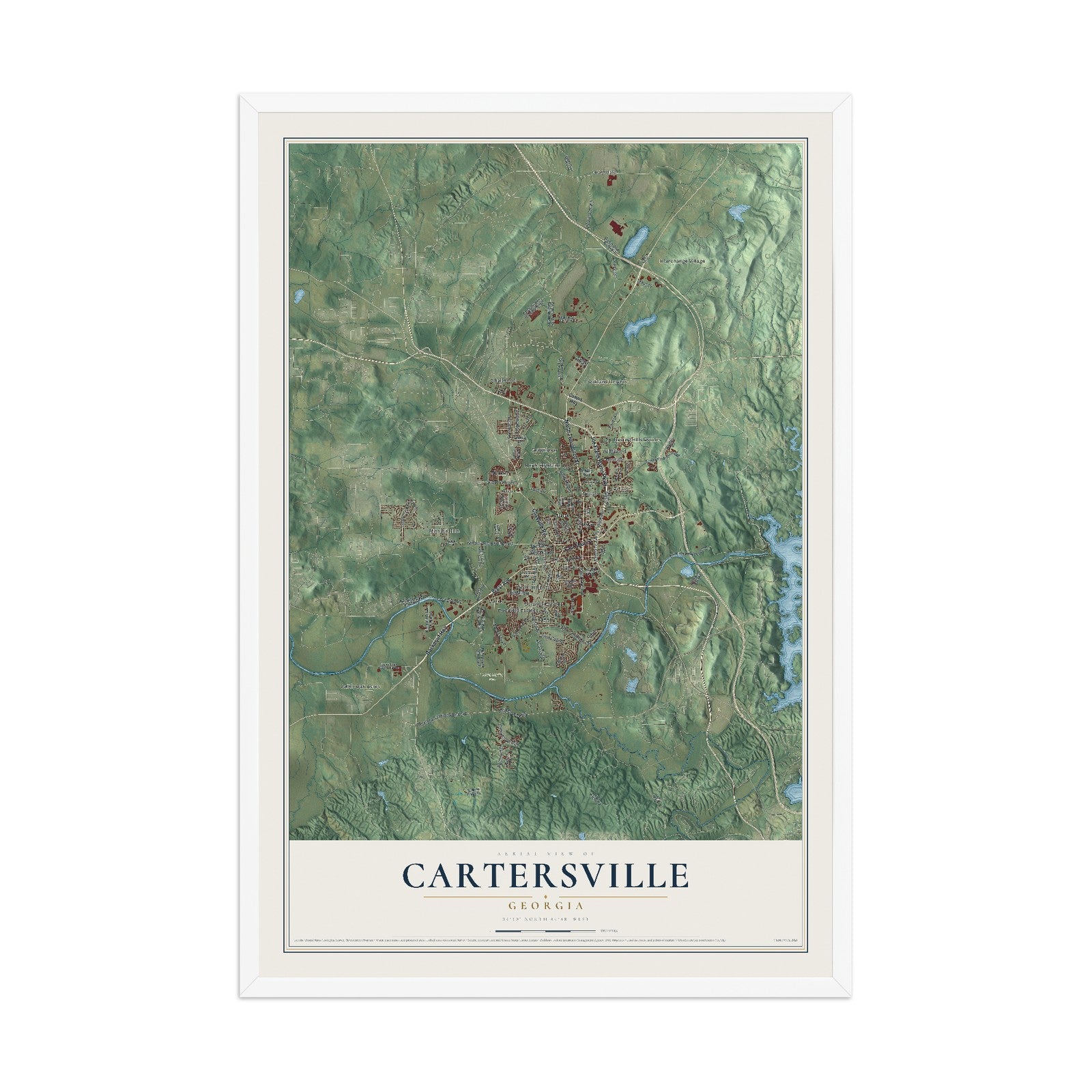Cartersville, Georgia map print, 12" x 18" W/ White Ayous Wood Frame mockup