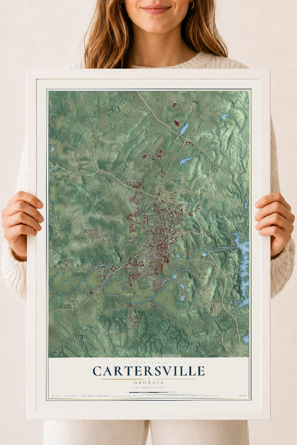 Cartersville, Georgia map print, 18" x 24" W/ White Ayous Wood Frame mockup