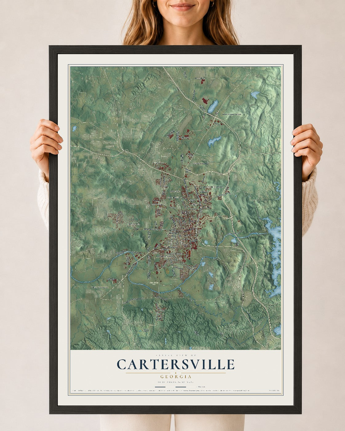 Cartersville, Georgia map print, 24" x 36" W/ Black Ayous Wood Frame mockup