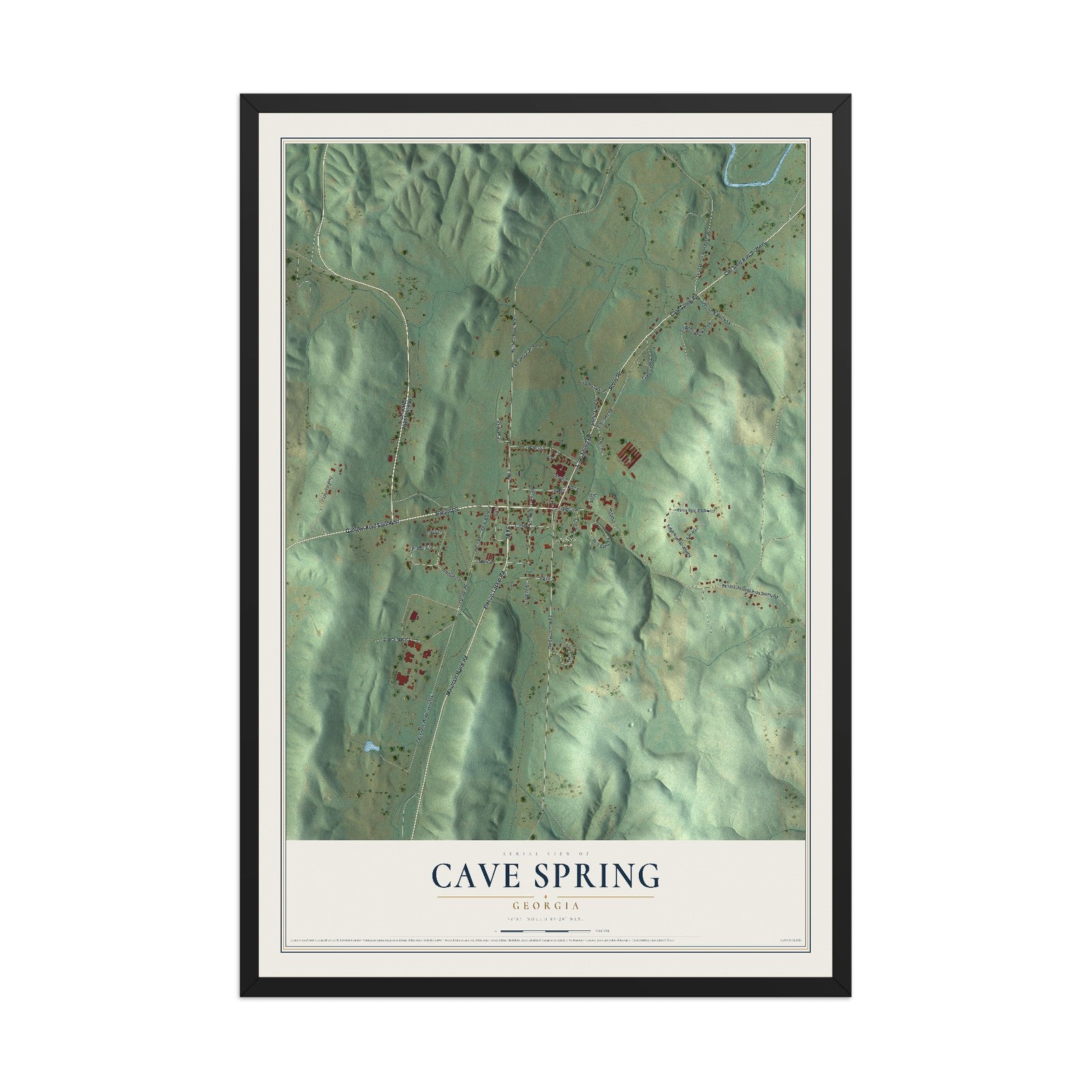 Cave Spring, Georgia map print, 12" x 18" W/ Black Ayous Wood Frame mockup