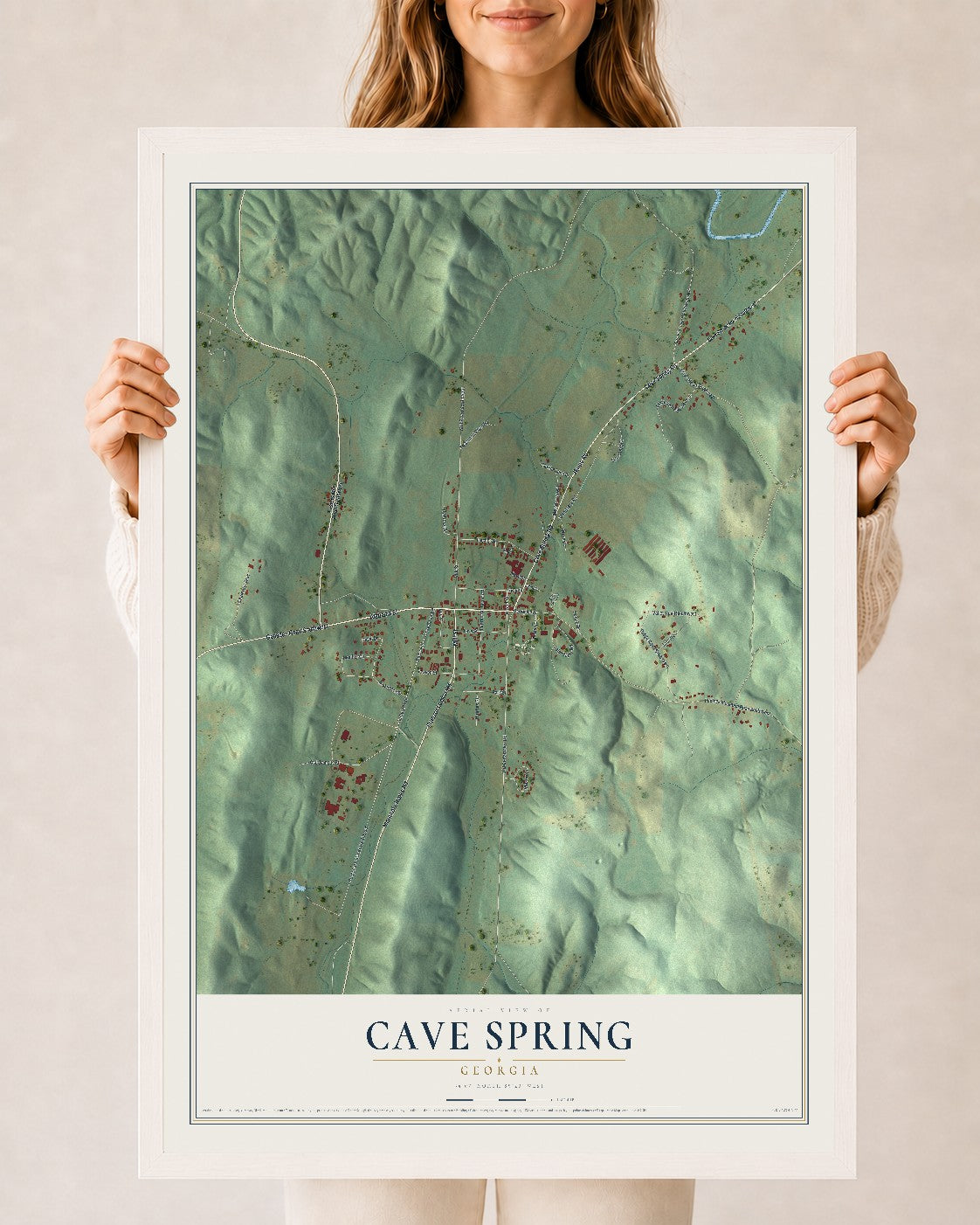 Cave Spring, Georgia map print, 24" x 36" W/ White Ayous Wood Frame mockup