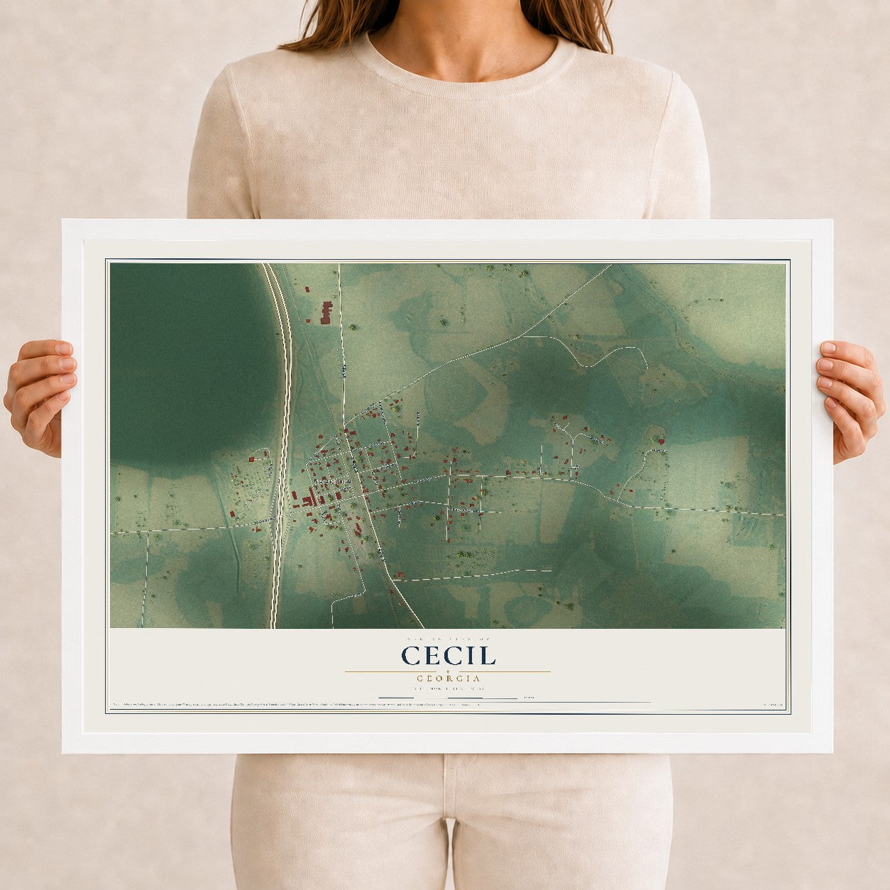 Cecil, Georgia map print, 12" x 18" W/ White Ayous Wood Frame mockup