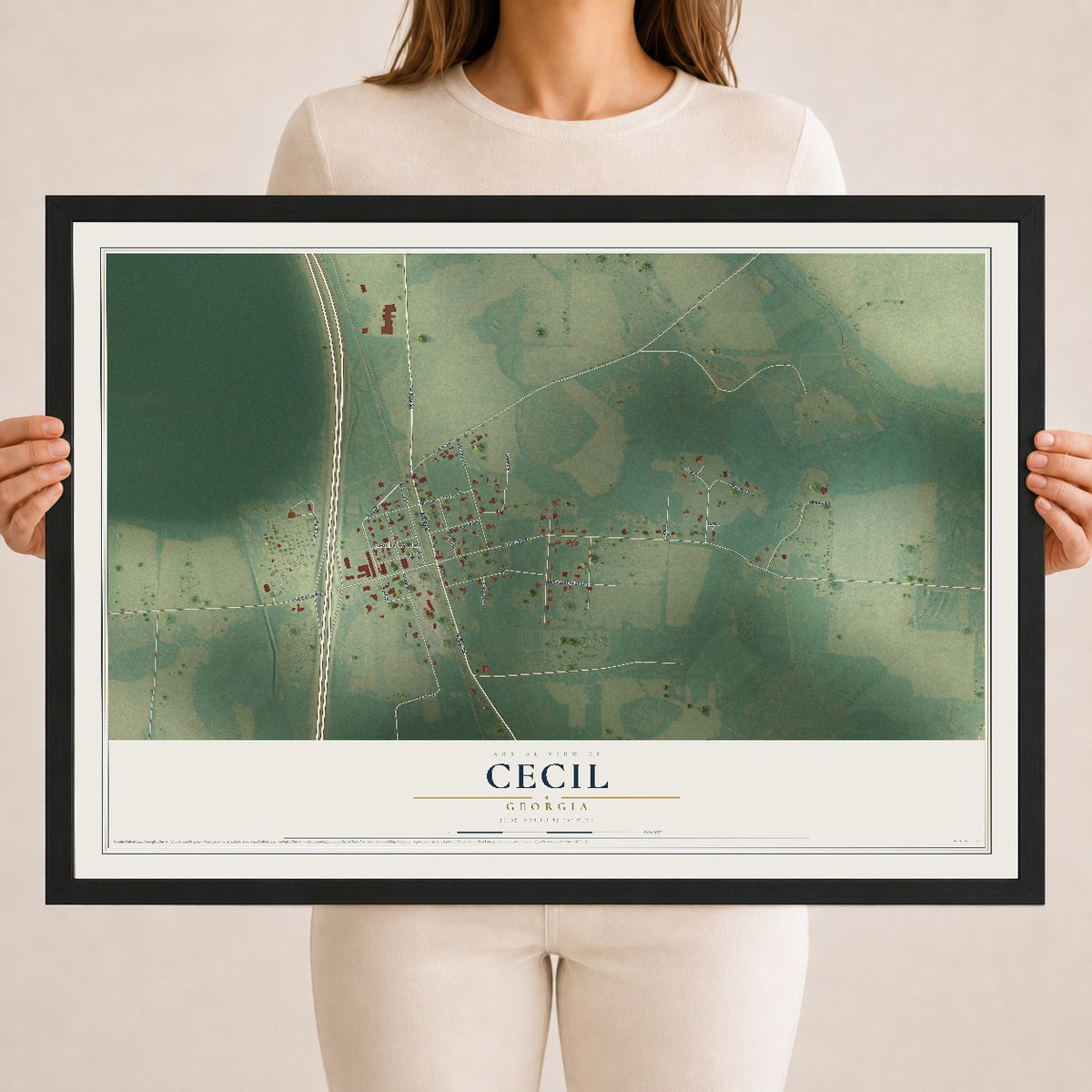 Cecil, Georgia map print, 18" x 24" W/ Black Ayous Wood Frame mockup