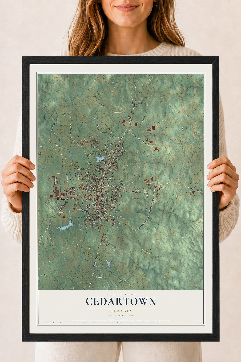 Cedartown, Georgia map print, 18" x 24" W/ Black Ayous Wood Frame mockup