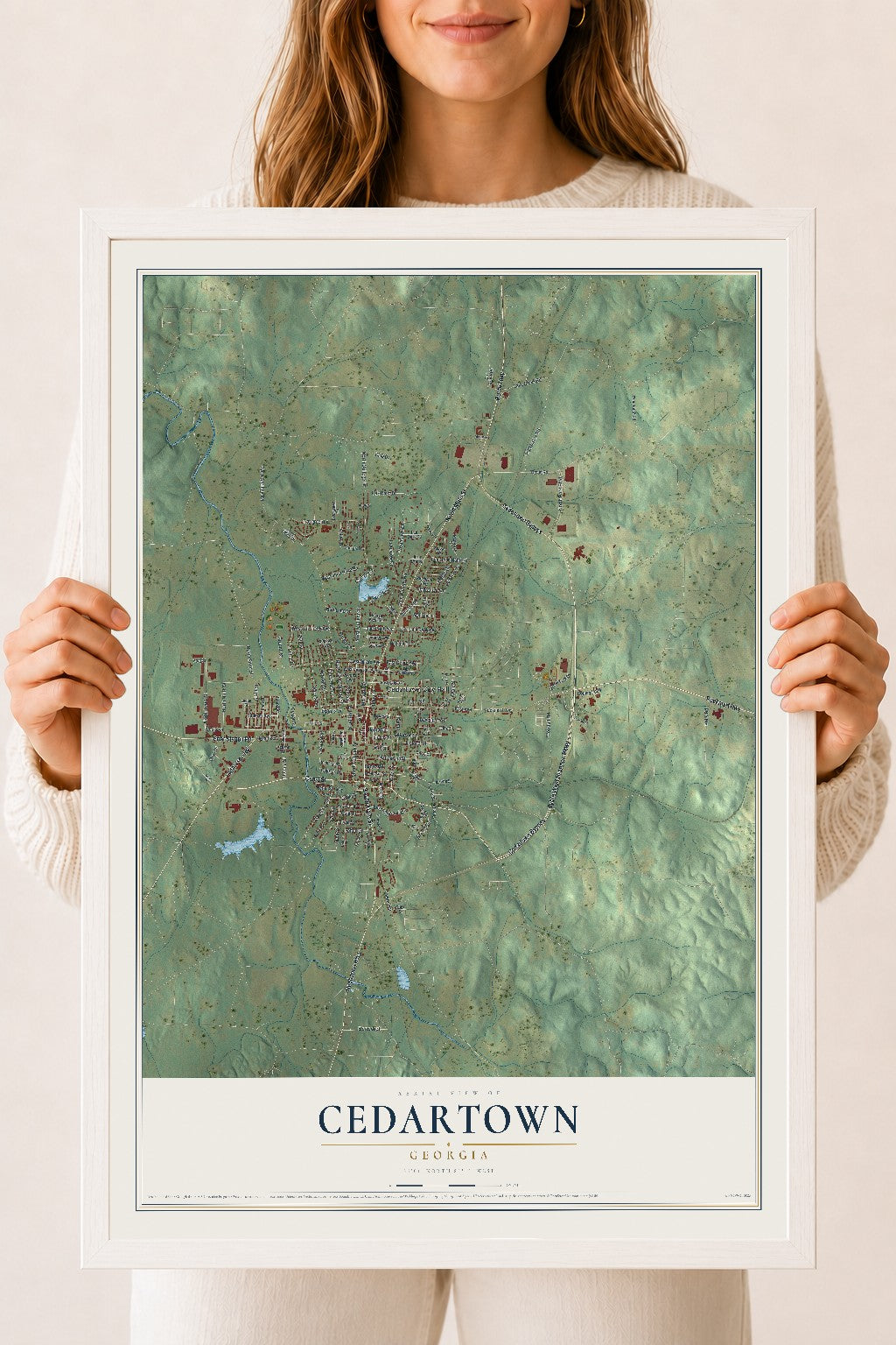 Cedartown, Georgia map print, 18" x 24" W/ White Ayous Wood Frame mockup