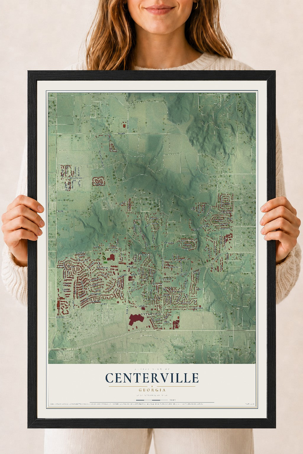 Centerville, Georgia map print, 18" x 24" W/ Black Ayous Wood Frame mockup