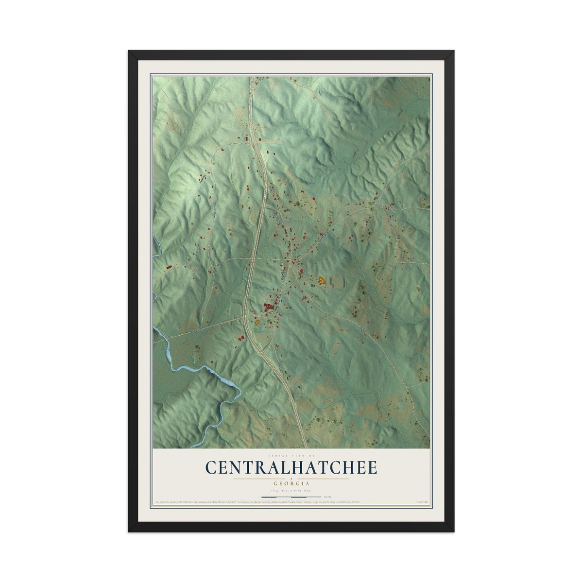 Centralhatchee, Georgia map print, 12" x 18" W/ Black Ayous Wood Frame mockup