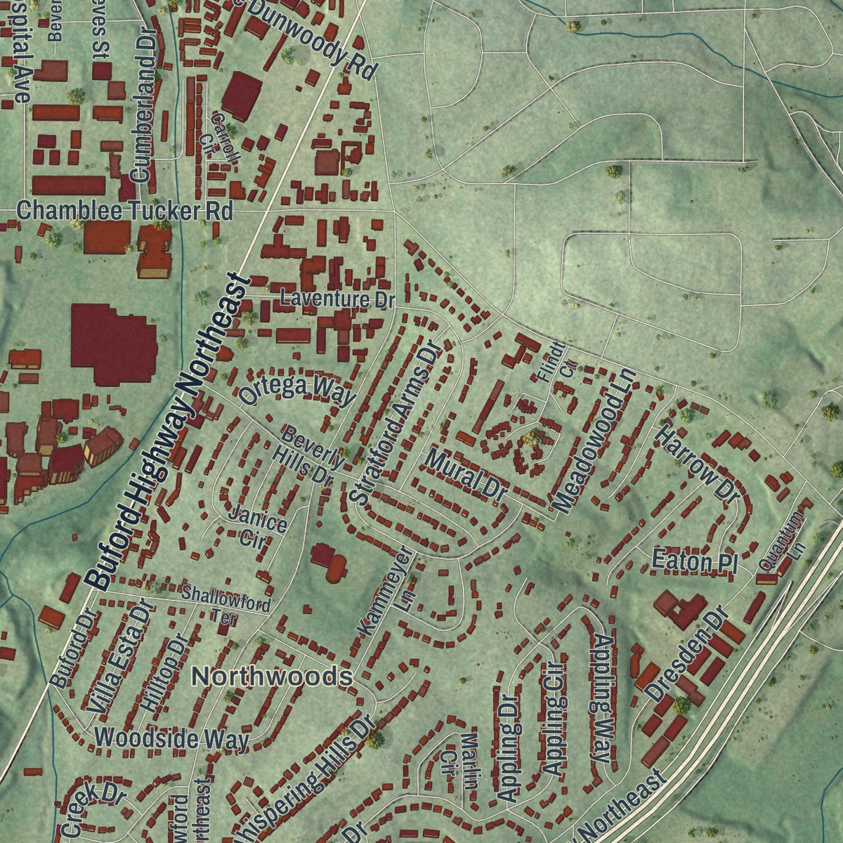 Close-up 2 of the Chamblee, Georgia map artwork